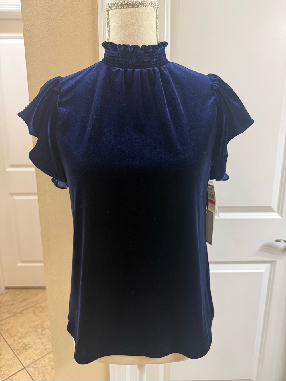 Women's Navy Velvet Ruffle Mock Neck Top